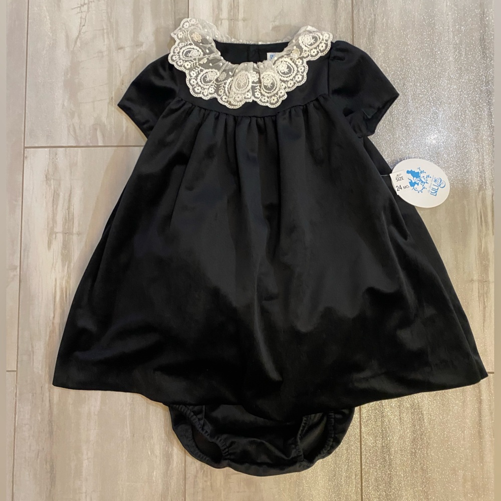 NWT Luli & Me Heirloom Lace Deluxe Black Velvet Float Dress & Bloomers girls 24M